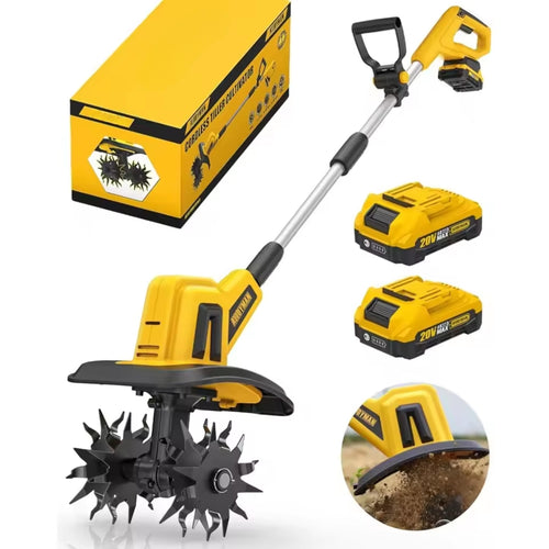20V cordless tiller cultivator with dual batteries and charger