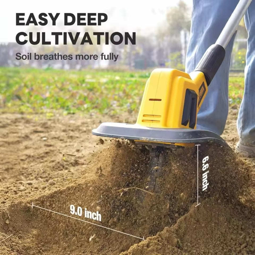 

Yellow cordless tiller with ergonomic handle and safety lock