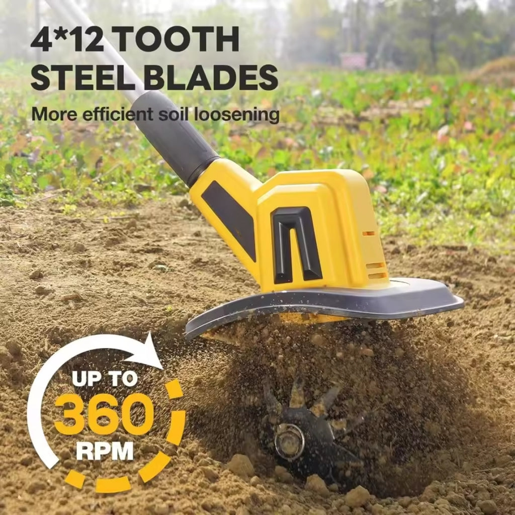 

Electric garden tiller breaking soil in backyard garden