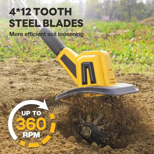 

Electric garden tiller breaking soil in backyard garden