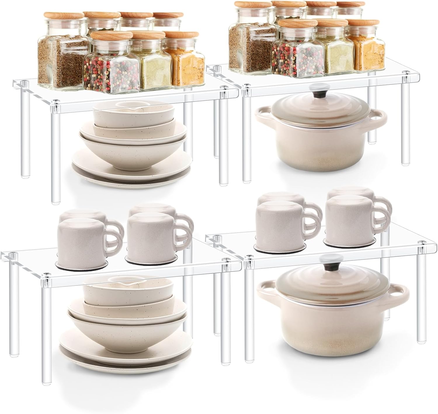 4-Pack Acrylic Cabinet Shelf Risers – Kitchen Counter Organizer Set