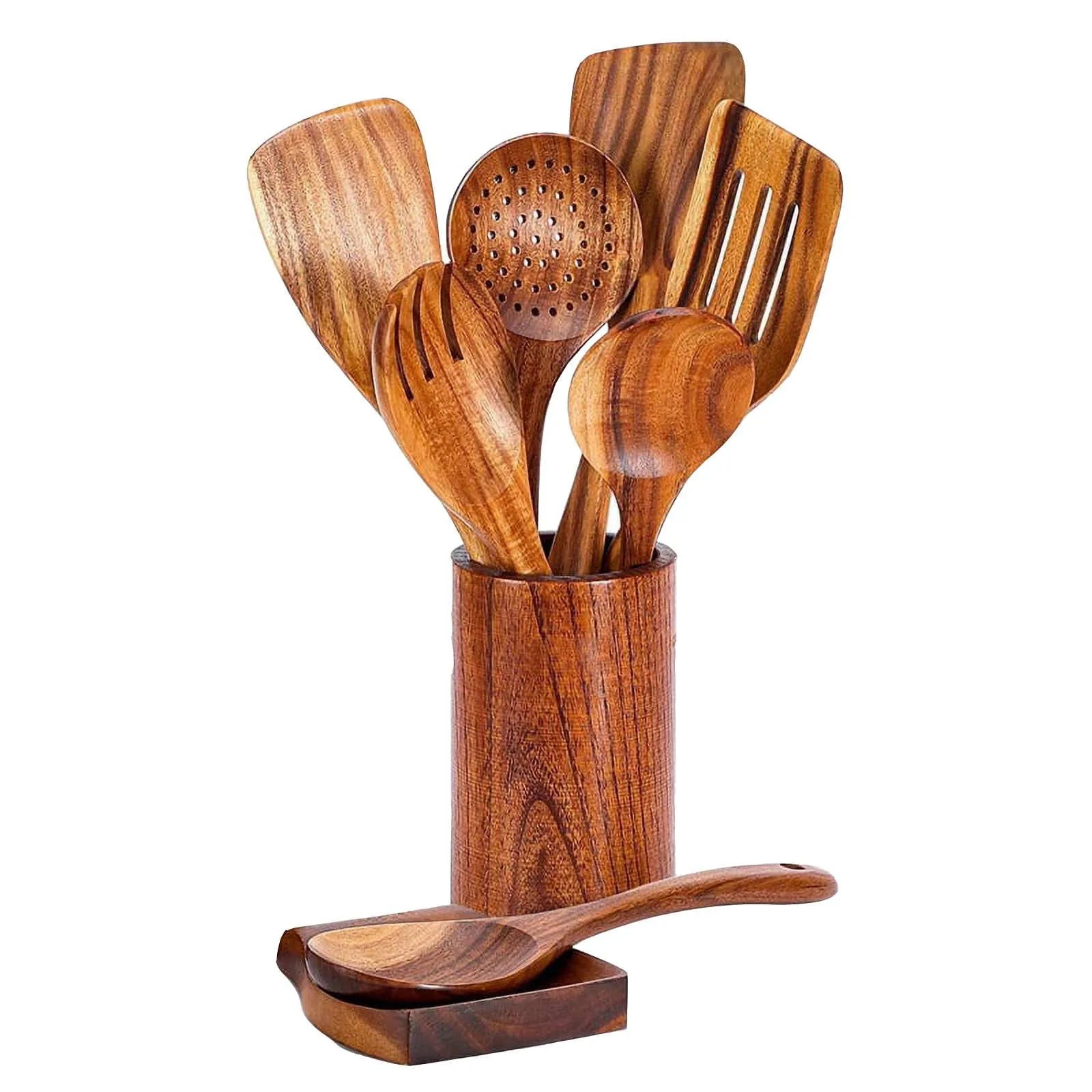 Wooden utensils with spoon rest
