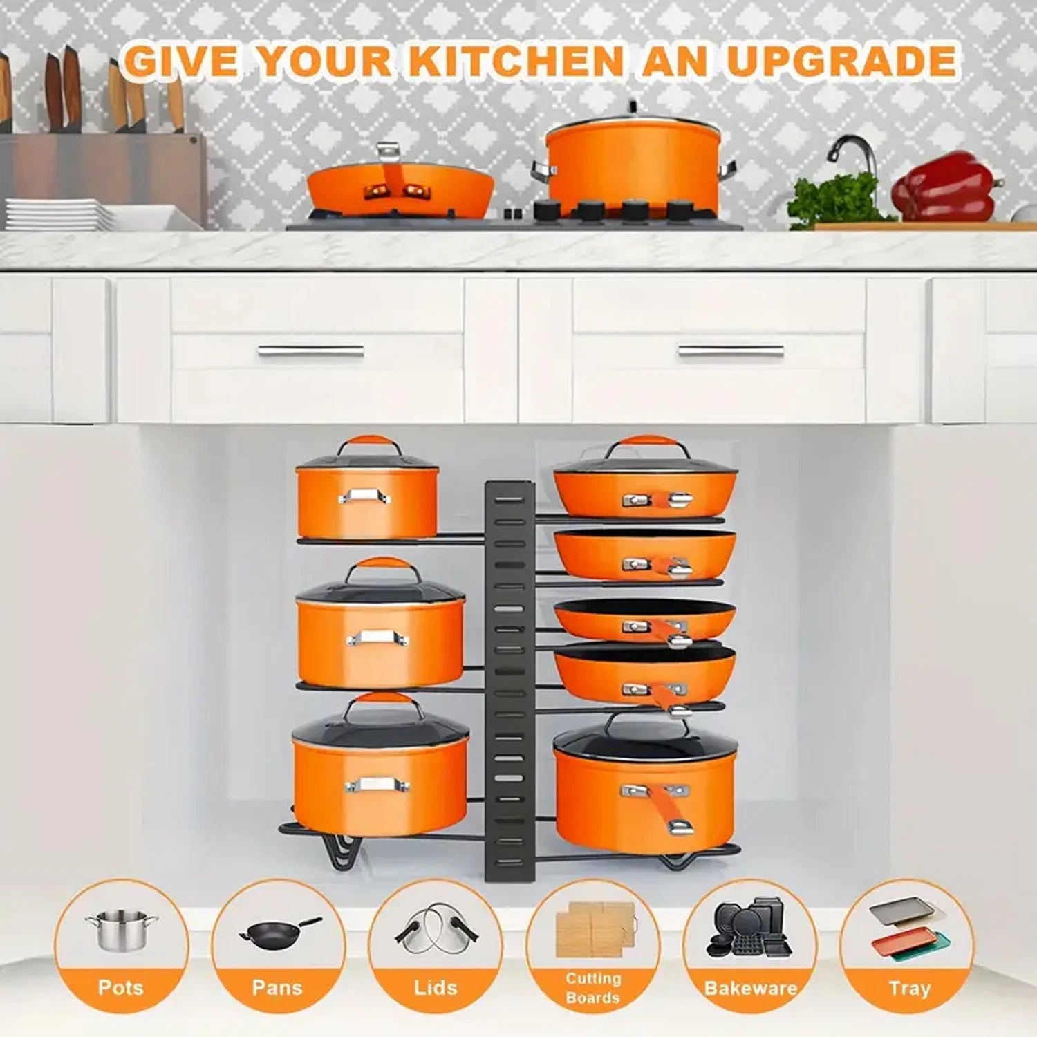 8-Tier Heavy-Duty Pot Rack Organizer – Adjustable Metal Pan Holder for Kitchen Cabinet, Countertop, or Pantry