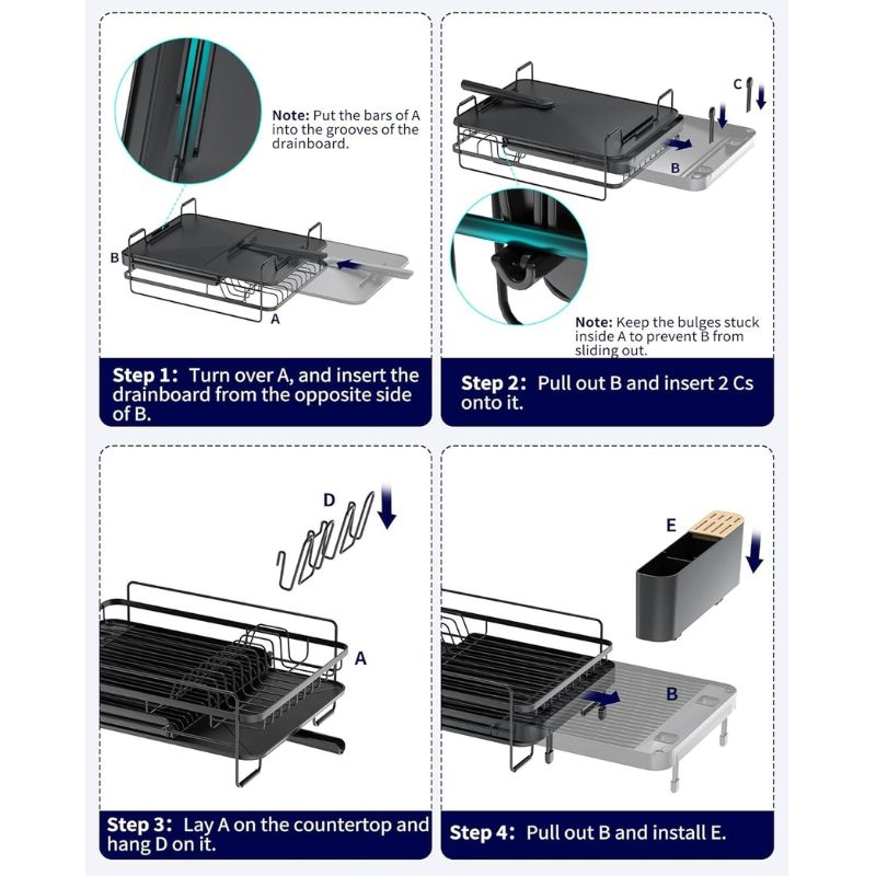 Extendable Dish Drying Rack with Drainboard – Anti-Slip & Rustproof