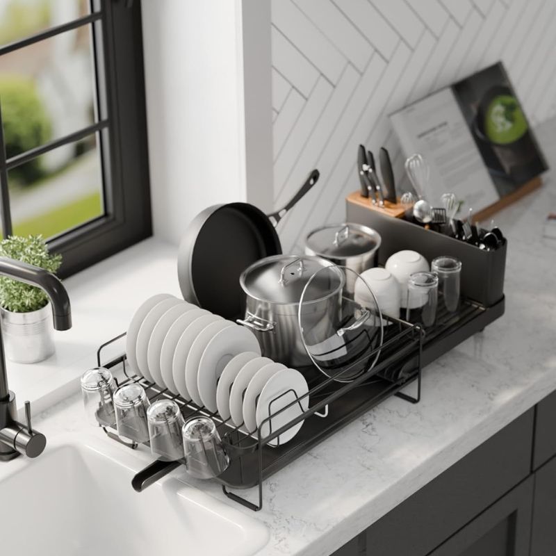 Extendable Dish Drying Rack with Drainboard – Anti-Slip & Rustproof