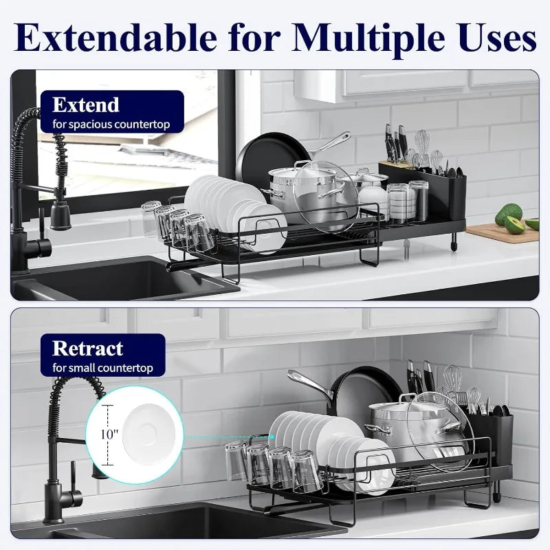 Extendable Dish Drying Rack with Drainboard – Anti-Slip & Rustproof