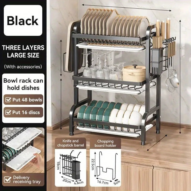 

Compact space-saving dish drainer with three shelves
