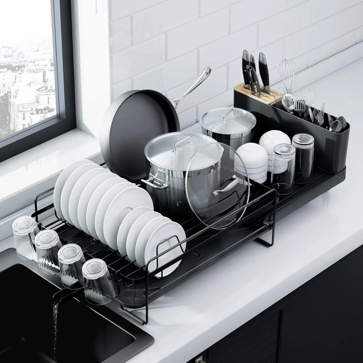 Extendable Dish Drying Rack with Drainboard – Anti-Slip & Rustproof