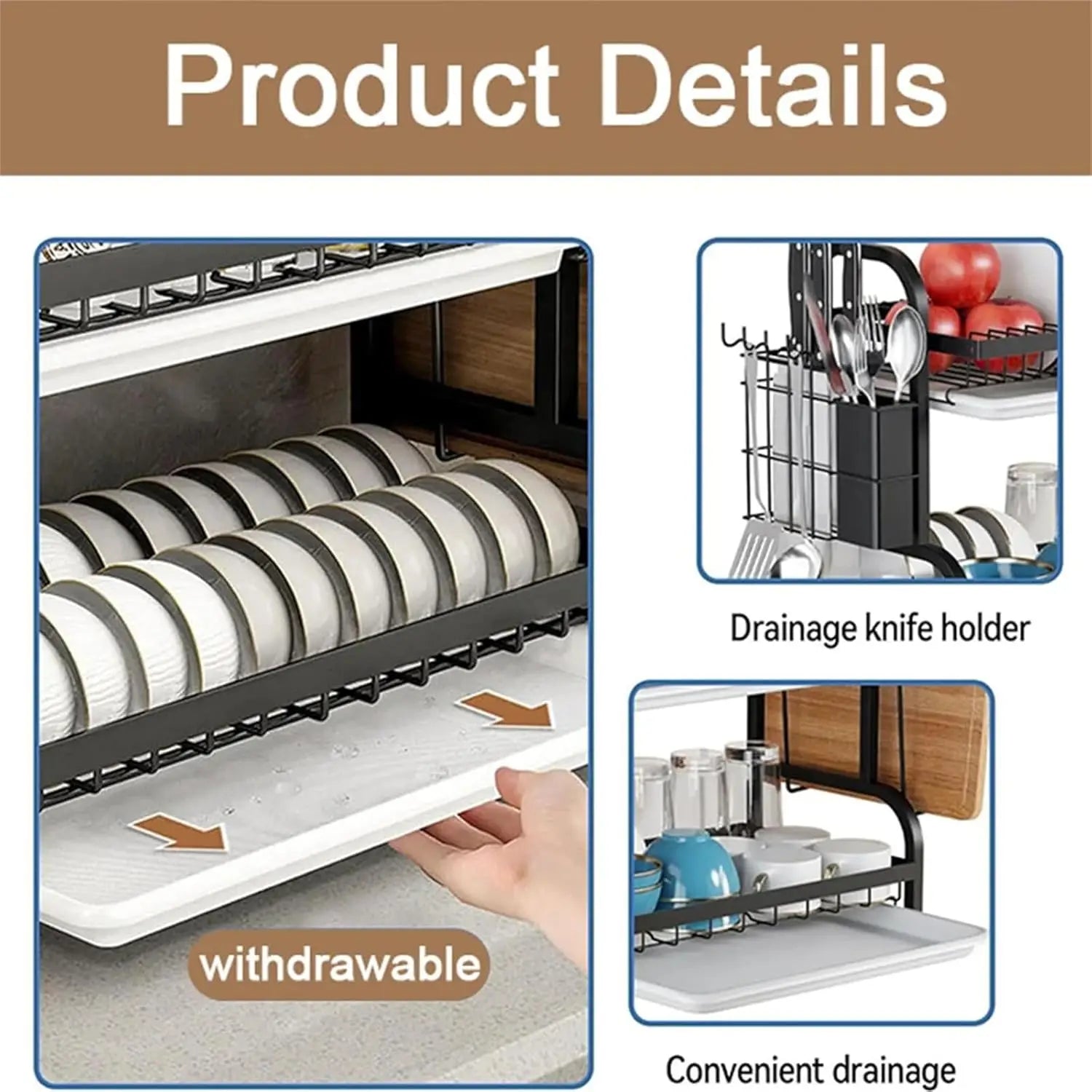 Three-tier dish drying rack with black metal frame and drainage trays