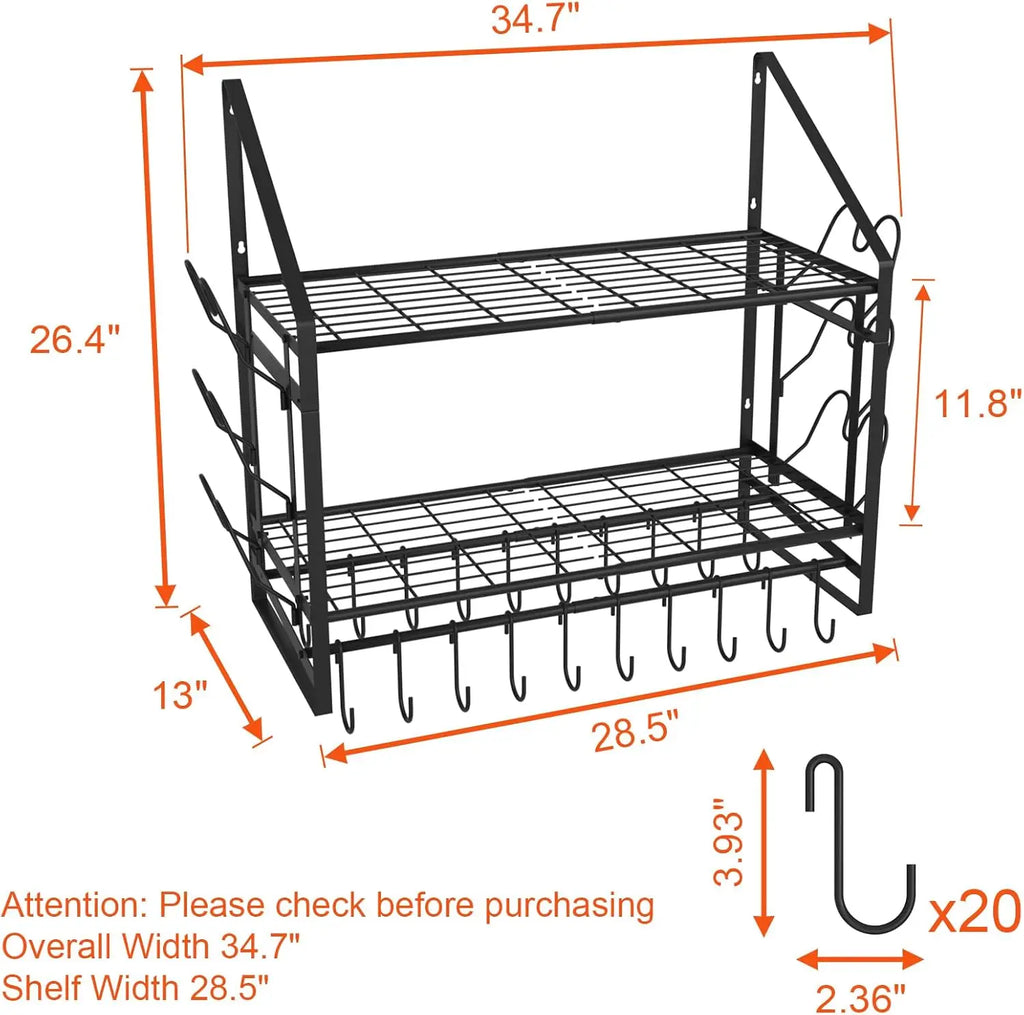 35" Wall Mounted Pot Rack – 2-Tier Hanging Pots and Pans Organizer with 20 Hooks & 6 Lid Holders