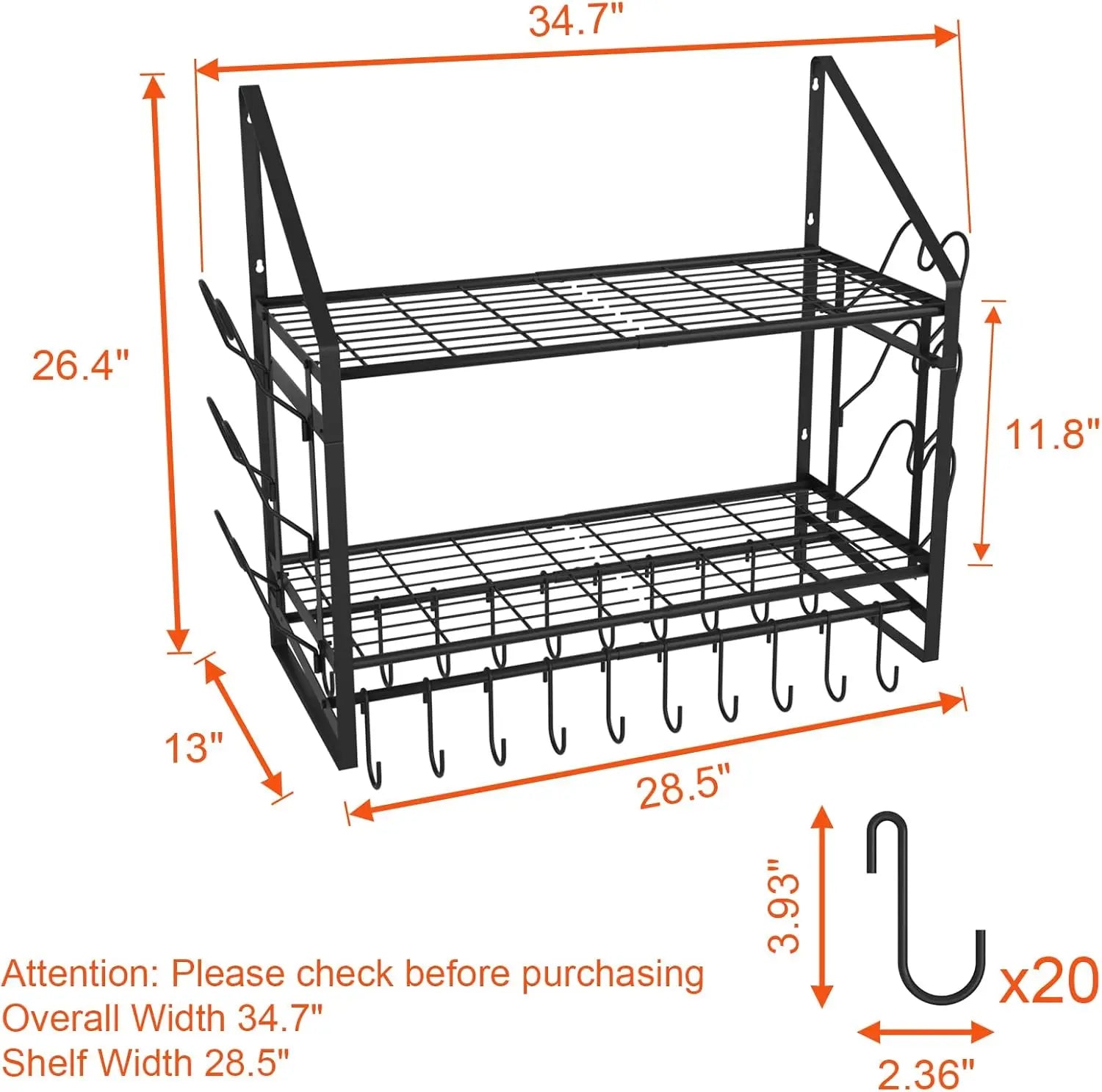 35" Wall Mounted Pot Rack – 2-Tier Hanging Pots and Pans Organizer with 20 Hooks & 6 Lid Holders
