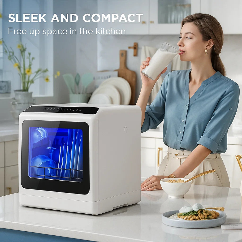 

Small dishwasher with 6 cleaning modes and drying function