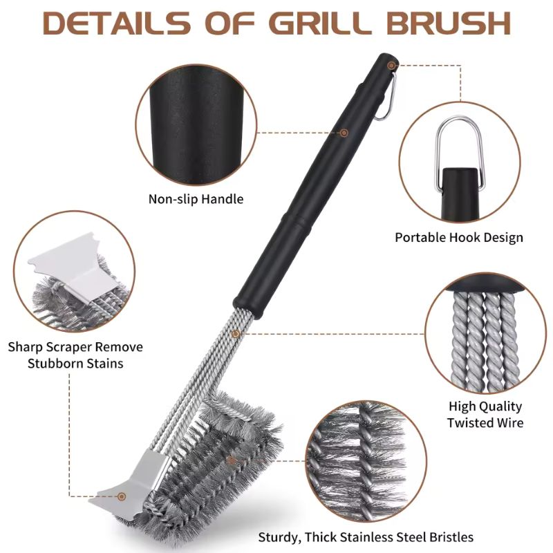Grill brush with scraper