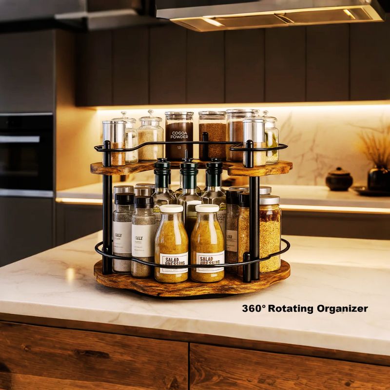 360° Rotating Wooden Spice Rack – Kitchen Organizer for Oil, Salt & Soy Bottles