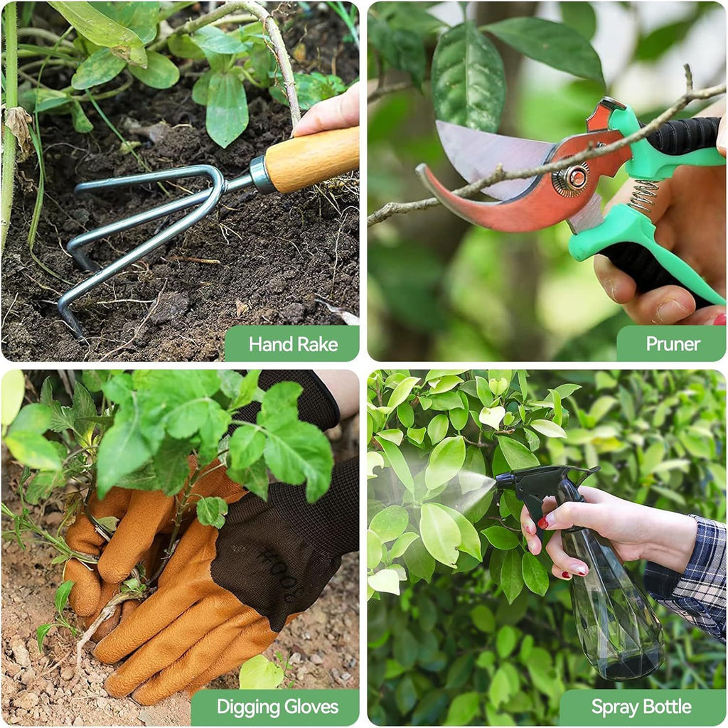 Collage of gardening tools including a hand rake, pruner, digging gloves, and spray bottle.